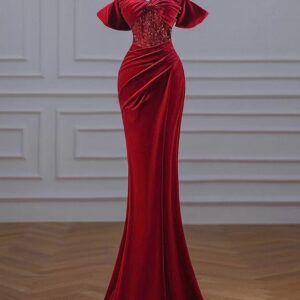 Home Scarlet Velvet Off-Shoulder Mermaid Gown with Sequin Bodice